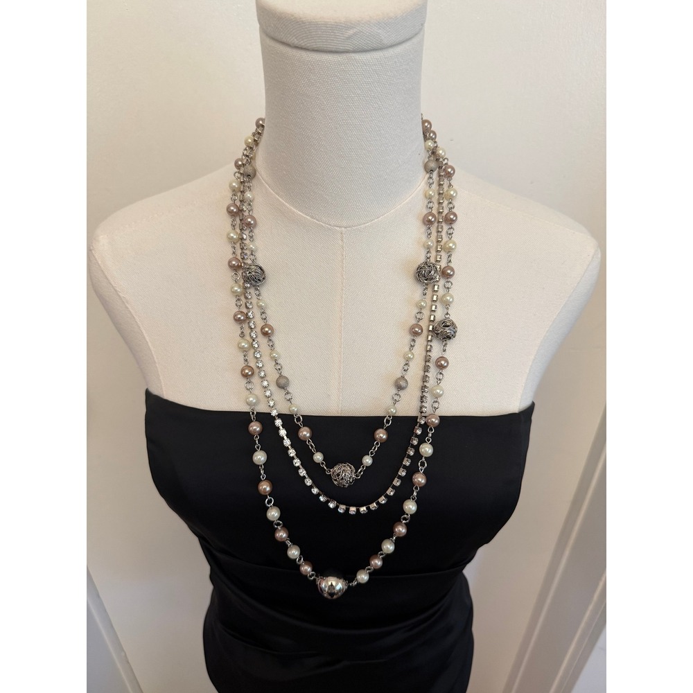 Vintage Y2K Cookie Lee Multi‎ Strand Rhinestone Floating Faux Pearl Necklace